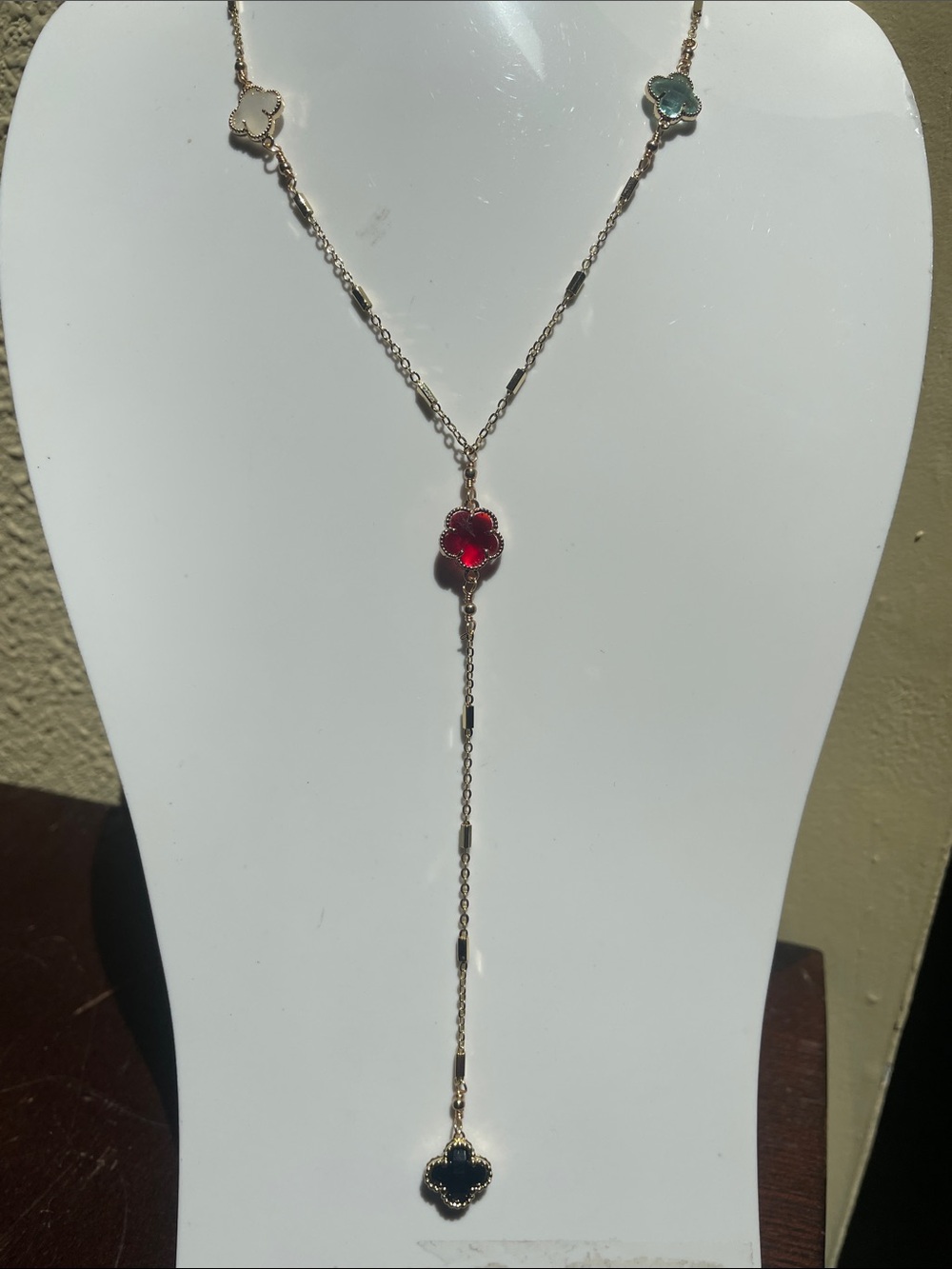 18k Gold plated Multi Color Clover Lariat Necklace with Red Accent